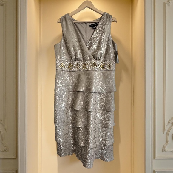 R & M Richards Embellished Taupe,midi,tiered,Gown SZ 16 NWT Mother of the Bride - Picture 1 of 5